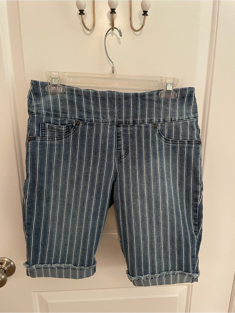 DG2 by Diane Gilman Blue and White Striped Denim Shorts